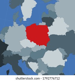 Shape of Poland in context of neighbor countries. Country highlighted with red color on world map. Poland map template. Vector illustration.