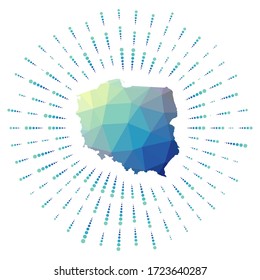 Shape of Poland, polygonal sunburst. Map of the country with colorful star rays. Poland illustration in digital, technology, internet, network style. Vector illustration.