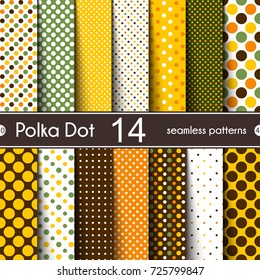 Shape Polka Dot Vector Seamless Patterns. Design Wallpaper in Brown, Orange, Yellow, Green and White Color.