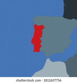 Forma del Portugal en el contexto de los países vecinos. País resaltado con color rojo en el mapa del mundo. Plantilla de mapa de Portugal. Ilustración vectorial.