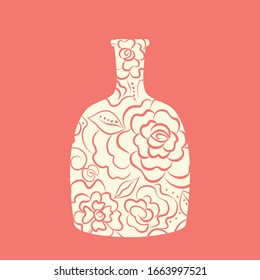 The shape of a pot-bellied bottle from a hand-drawn flower pattern. Vector  illustration minimalist style. Hen-party concept, poster, Label, menu or package design template. Time for Wine.
