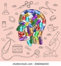The Shape or Profile of a Human Head Created in 3-D by Medical Pills. Healthcare, Pharmacy, Placebo, Drug Addiction, Vitamins, Dietary Supplements Concept.  Medical Instruments and Equipment