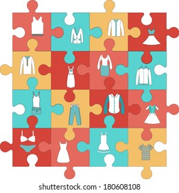 Shape puzzle Flat Icon of Men and women clothes vintage style.