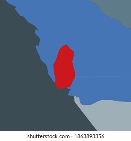 Shape of the Qatar in context of neighbour countries. Country highlighted with red color on world map. Qatar map template. Vector illustration.