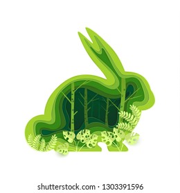 shape of a rabbit with a green ecological concept. paper art design