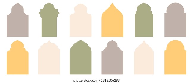 Shape Ramadan Window frame set. Arabic ramadan arches islamic ornament. Oriental architecture shape windows and doors. Flat vector illustration.