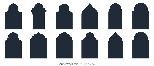 Shape Ramadan Window frame set. Arabic ramadan arches islamic ornament. Oriental architecture shape windows and doors. Flat vector illustration.