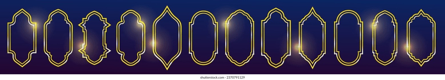 Shape Ramadan Window gold frame set. Arabic ramadan gold arches islamic ornament. Ornament architecture shape windows and doors. Vector illustration