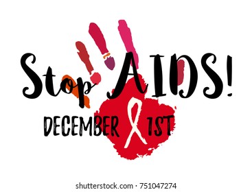 Shape of red hand with AIDS ribbon from brush strokes on white background. World AIDS day in December 1st. Vector illustration