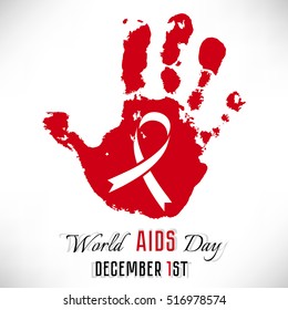 Shape of red hand with ribbon inside on white background. World AIDS day in December 1. Vector illustration