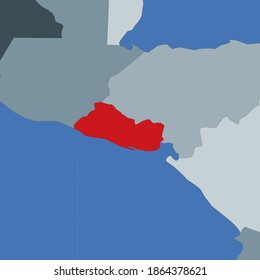 Shape of the Republic of El Salvador in context of neighbour countries. Country highlighted with red color on world map. Republic of El Salvador map template. Vector illustration.