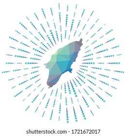 Forma de Rodas, arrebato poligonal de sol. Mapa de la isla con coloridos rayos de estrellas. Ilustración de Rodas en digital, tecnología, internet, estilo de red. Ilustración vectorial.