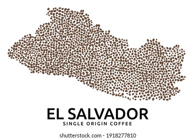 Shape of Salvador map made of scattered coffee beans, country name below