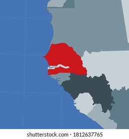 Form des Senegals im Kontext der Nachbarländer. Land mit roter Farbe auf der Weltkarte. Senegal-Kartenvorlage. Vektorgrafik.