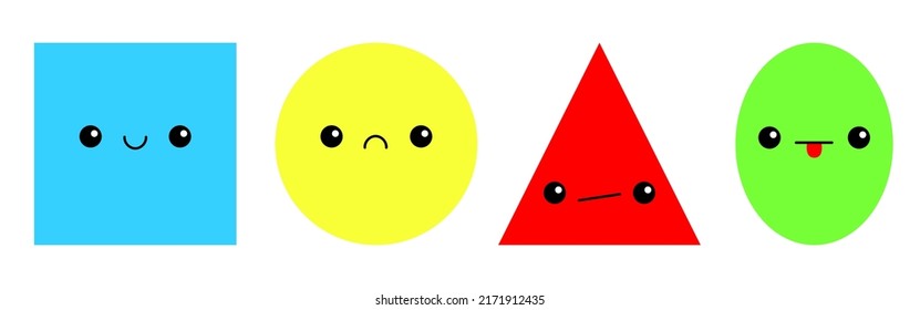 Shape set. Geometric figures. Educational card for kids. Cute colorful square circle oval round triangle head line icon set. Smiling sad face. Eyes, tongue, mouse. Flat design. White background Vector