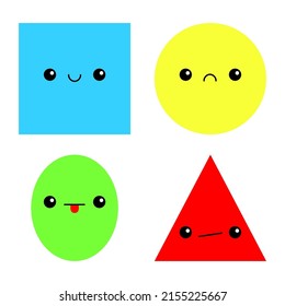 Shape set. Learn geometric figures. Educational card for kids. Cute colorful square circle oval round triangle head icon set. Smiling sad face. Eyes, tongue, mouse. Flat design White background Vector