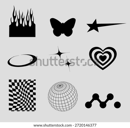 shape set with sparkling stars, planet wireframe grid, swirling chass background,starburst rays, geometric ellipses and shining diamond sparkles,y2k design, space or vintage decor.
