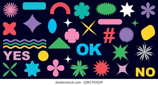 Shape set y2k style for banner. Y2k aesthetic.Shape set y2k style for decoaration.Shape set y2k style for poster. Trendy geometric forms.Simple shapes.Trendy 90s.