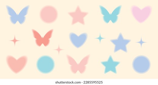 Shape set y2k style for banner. Y2k aesthetic.Shape set y2k style for decoaration.Shape set y2k style for poster. Trendy geometric forms.Simple shapes.Trendy 90s.Butterflies.Stars.Hearts.