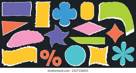 Shape set y2k style for banner. Ripped paper set.Vector illustration.Paper collage design vector.Shape set y2k style for decoaration.Trendy 90s.Vector elements in cartoon style.Y2k aesthetic.