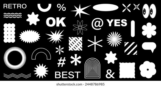 Shape set y2k style for banner. Y2k aesthetic.Shape set y2k style for decoaration.Simple shapes.Shape set y2k style for poster.Trendy 90s.Trendy geometric forms.Brutalist Vector.
