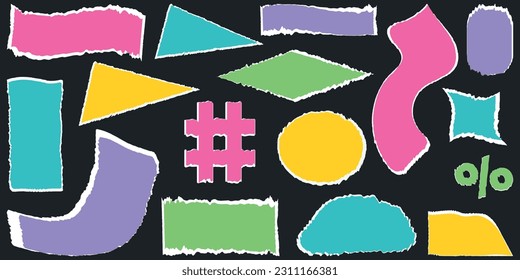 Shape set y2k style for banner.Paper collage design vector.Ripped paper set.Vector illustration.Shape set y2k style for decoaration.Trendy 90s.Vector elements in cartoon style.Y2k aesthetic.