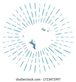 Shape of Seychelles, polygonal sunburst. Map of the island with colorful star rays. Seychelles illustration in digital, technology, internet, network style. Vector illustration.