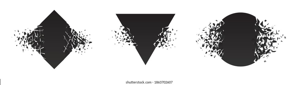 Shape shattered and explodes flat style design vector illustration set isolated on white background. Square rhombus, circle, triangle shapes in grayscale gradient exploding.
