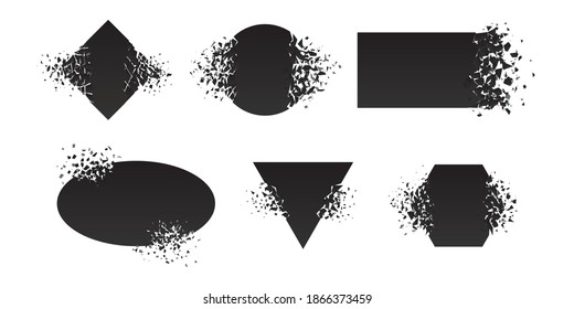 Shape shattered and explodes flat style design vector illustration set isolated on white background. Square rhombus, triangle, rectangle, hexagon, ellipse shapes in grayscale gradient explosion.