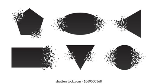 Shape Shattered And Explodes Flat Style Design Vector Illustration Set Isolated On White Background. Square Rhombus, Triangle, Rectangle, Pentagon, Ellipse Shapes In Grayscale Gradient Explosion.