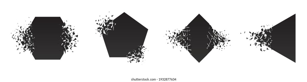 Shape shattered and explodes flat style design vector illustration set isolated on white background. Pentagon, triangle, rhombus, hexagon shapes in grayscale gradient explosion.