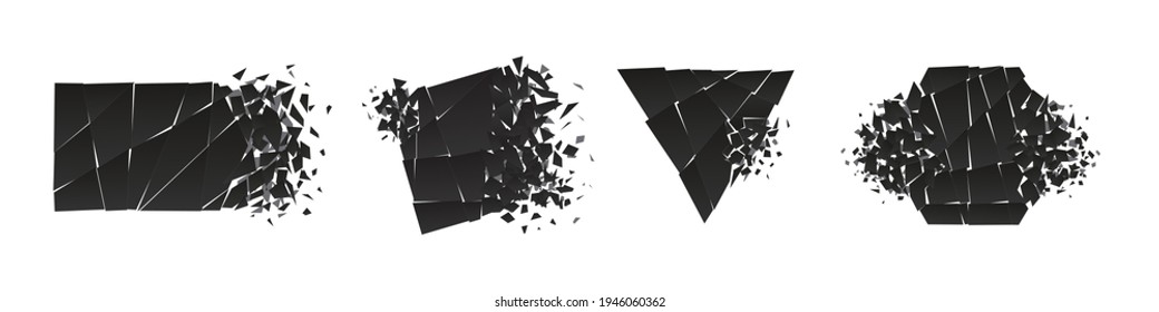 Shape shattered and explodes flat style design vector illustration set isolated on white background. Triangle, hexagon, square, rectangle and rhombus shapes in grayscale gradient exploding collection.