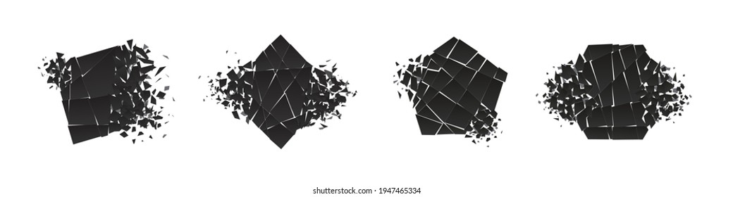 Shape shattered and explodes flat style design vector illustration set isolated on white background. Triangle, hexagon, square, rectangle and rhombus shapes in grayscale gradient exploding collection.