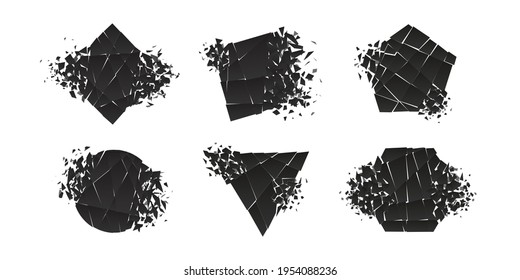 Shape shattered and explodes flat style design vector illustration set isolated on white background. Triangle, hexagon, square, pentagon and rhombus shapes in grayscale gradient exploding collection