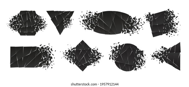 Shape shattered and explodes flat style design vector illustration set isolated on white background. Triangle, hexagon, ellipse, rectangle and rhombus shapes in grayscale gradient exploding collection