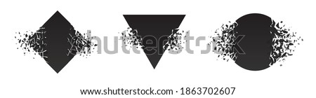 Shape shattered and explodes flat style design vector illustration set isolated on white background. Square rhombus, circle, triangle shapes in grayscale gradient exploding. Foto d'archivio © 