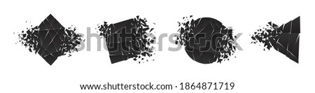 Shape shattered and explodes flat style design vector illustration set isolated on white background. Square rhombus, circle, triangle, square shapes in grayscale gradient exploding. Foto d'archivio © 