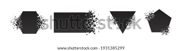 Shape\
shattered and explodes flat style design vector illustration set\
isolated on white background. Pentagon, triangle, rectangle,\
hexagon shapes in grayscale gradient\
explosion.