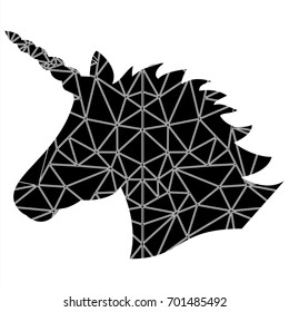 Shape silhouette  of the magical unicorn on white background and in Scandinavian style low poly triangle pattern in black and white 
