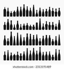 Shape of silhouettes of glass bottles for alcohol, wine, whiskey, vodka, brandy, cognac, beer, kvass, champagne, liqueur