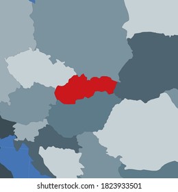 Forma de Eslovaquia en el contexto de los países vecinos. País resaltado con color rojo en el mapa del mundo. Plantilla de mapa de Eslovaquia. Ilustración vectorial.