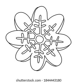 Shape snowflake gingerbread. Hand drawn xmas cookie or biscuit with glaze isolated on white. Vector illustration in doodle sketch style, black outline. Great for greeting cards.