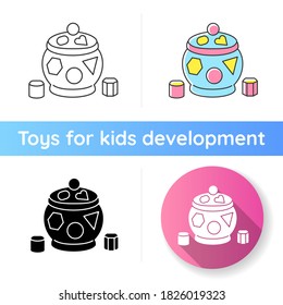 Shape sorter pot icon. Sorting toy for toddlers. Early childhood education and activities. Color and shape identification. Linear black and RGB color styles. Isolated vector illustrations