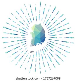 Shape of South Korea, polygonal sunburst. Map of the country with colorful star rays. South Korea illustration in digital, technology, internet, network style. Vector illustration.