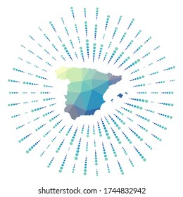 Shape of Spain, polygonal sunburst. Map of the country with colorful star rays. Spain illustration in digital, technology, internet, network style. Vector illustration.