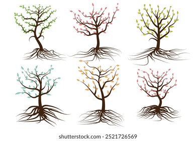 Forma de primavera Abstract ícone de árvore colorido definido com folhas e raízes. Ilustração de vetor. Planta em Jardim. Conjunto botânico de folhas de árvores nuas e várias cores. Crescimento e design do logotipo da sabedoria