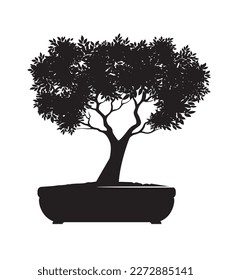 Shape of Spring Tree with Leaves in Pot. Vector outline Illustration. Plant in Garden. Bonsai.