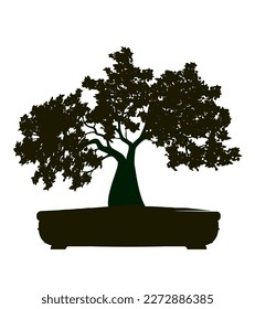 Shape of Spring Tree with Leaves in Pot. Vector outline Illustration. Plant in Garden. Bonsai.