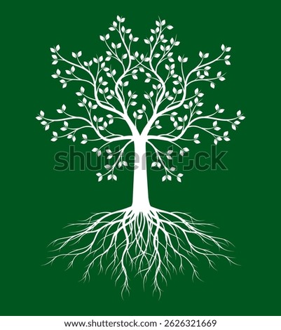 Shape of Spring Tree with Leaves and Roots. Vector outline Illustration on green background. Plant in Garden.