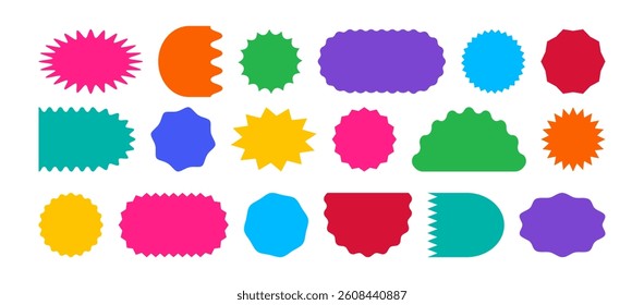 Shape star sticker, starburst label, sale discount icon, price tag, wavy frame, colorful retro bubble, stamp corrugated border, zig zag edge badge isolated on white background. Vector illustration